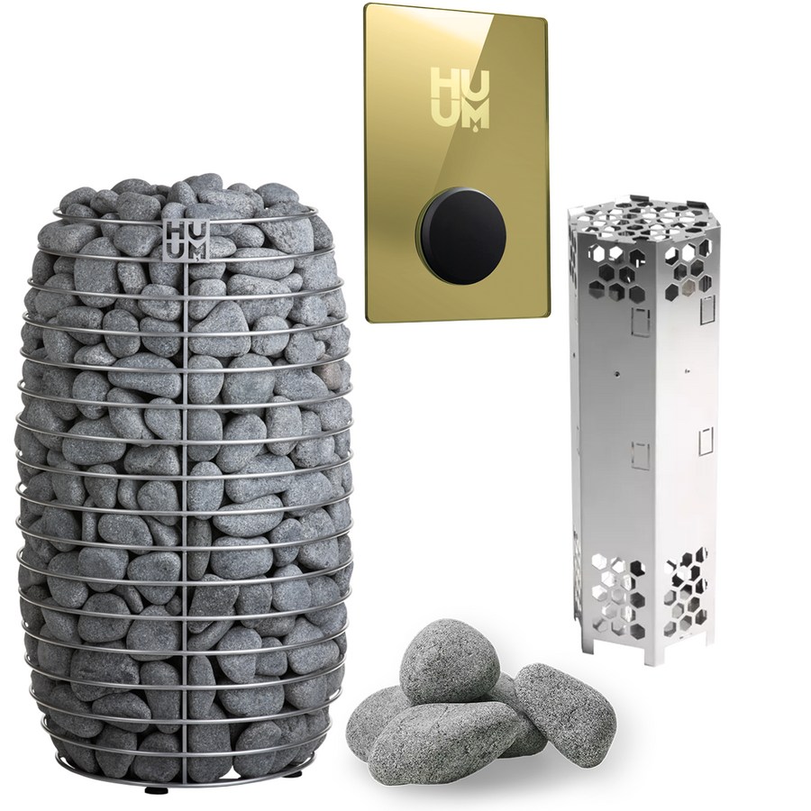 The HUUM HIVE Mini Series 6.0kW Sauna Heater Package by HUUM is shown on a white background, featuring gray sauna stones, a gold and black control panel, metal heating element casing, and several loose stones.