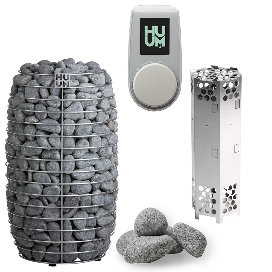 The HUUM HIVE Mini Series 10.5kW Sauna Heater Package by HUUM features a heater filled with gray stones, a round wireless control panel, metal electric components, and loose sauna stones, all displayed on a white background.