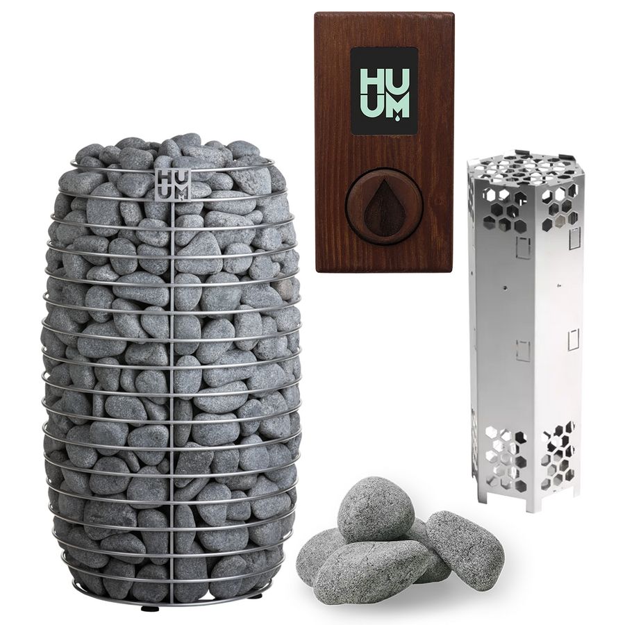 The HUUM HIVE Mini Series 10.5kW Sauna Heater Package by HUUM includes grey sauna stones, a wooden control panel with the HUUM logo, a vertical metal unit with cut-out holes, and loose stones displayed on a white background.