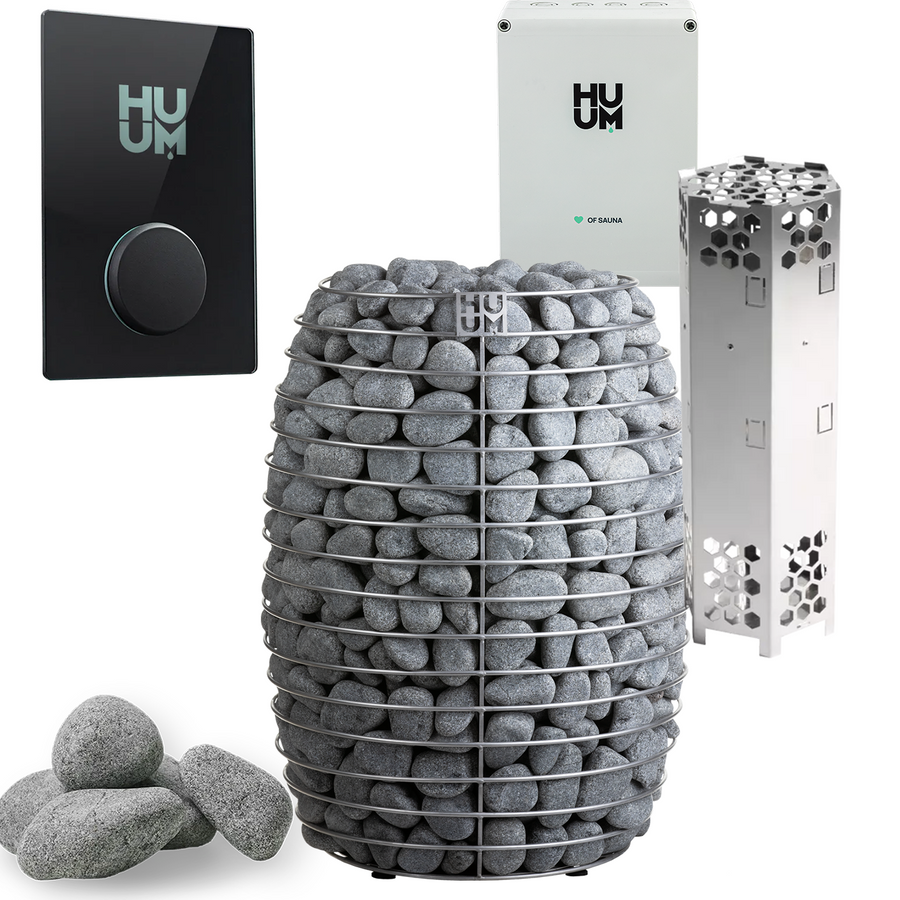 The HUUM HIVE Series 15.0kW Sauna Heater Package by HUUM, featuring a metal frame, grey sauna stones, digital control panel, extra stones, and two metal components, is shown on a white background.