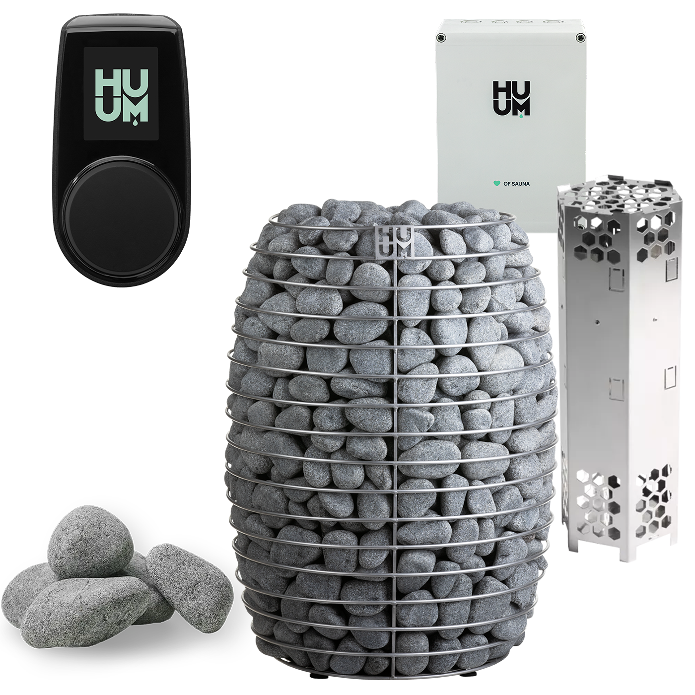 The HUUM HIVE Series 15.0kW Sauna Heater Package by HUUM includes a large basket for sauna stones, extra loose stones, a black control unit, and a white control box—offering powerful and stylish electric sauna heating.