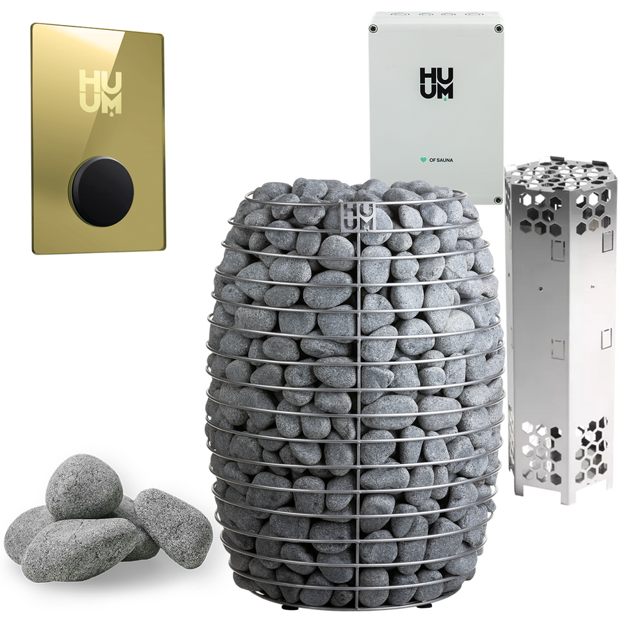 The HUUM HIVE Series 15.0kW Sauna Heater Package by HUUM includes a wire-caged electric sauna heater with stones, a rectangular control panel, wall-mounted controller, extra stones, and a metallic vented box—each displaying the HUUM logo.