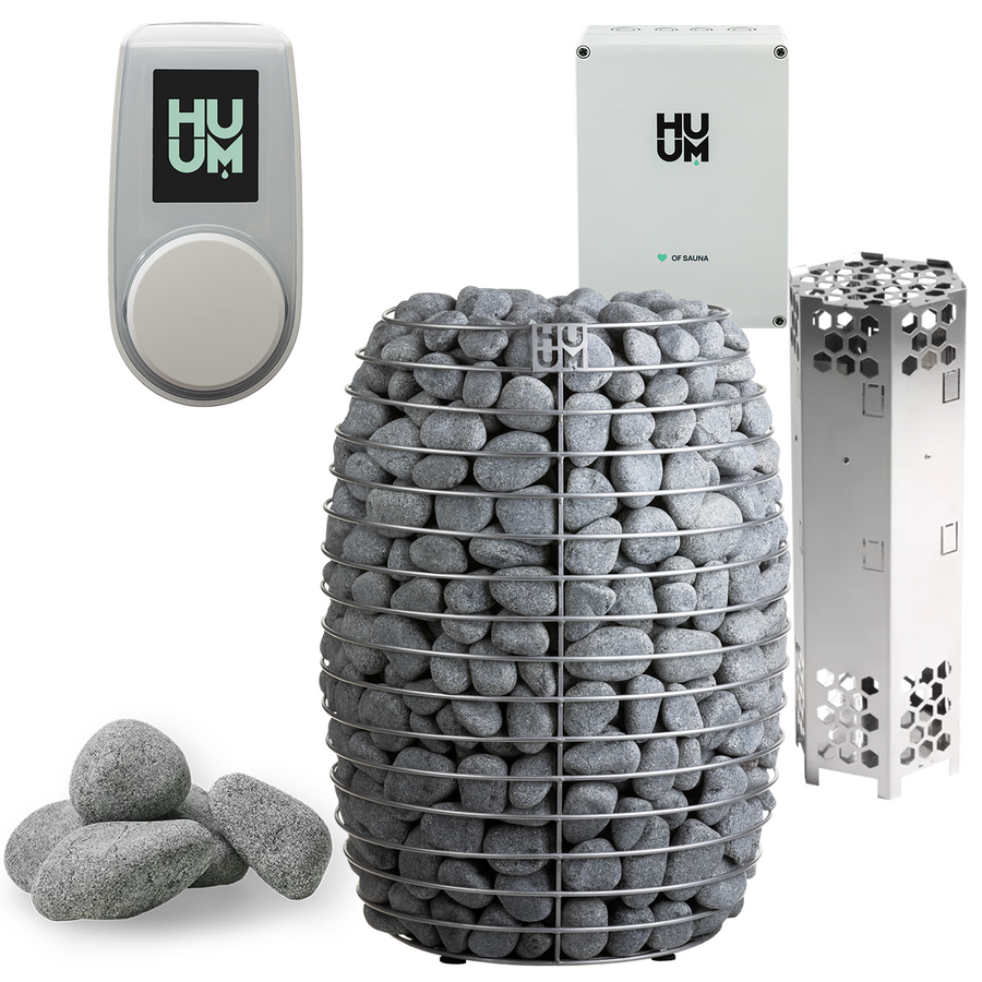 The HUUM HIVE Series 15.0kW Sauna Heater Package by HUUM includes an electric heater, digital control panel, white electrical box, metal heating element, and loose sauna stones.