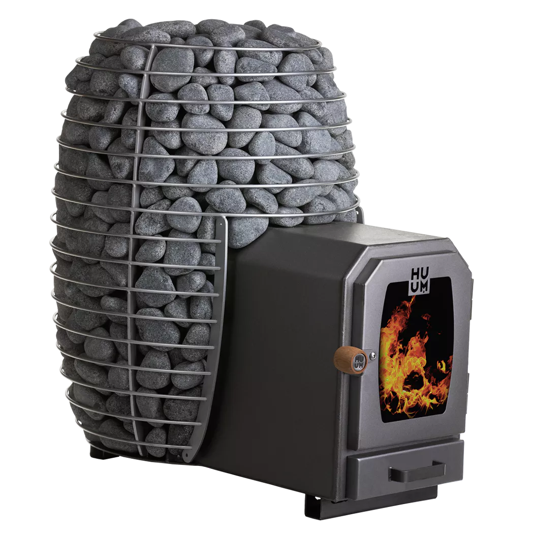 The HUUM HIVE Wood 17 LS Sauna Stove features a metal cage filled with gray sauna stones, a small front door displaying the fire inside, and the HUUM logo on the door.