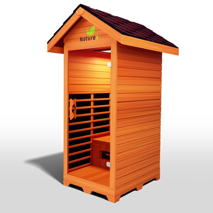 The Medical Saunas - Nature 4 Outdoor Infrared Sauna by Medical Saunas features a sloped roof, open doorway, interior bench, and slatted wooden walls with a “Nature” logo—ideal for relaxation and pain relief outdoors.