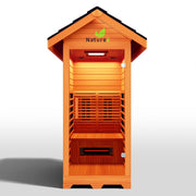 The Medical Saunas - Nature 4 Outdoor Infrared Sauna by Medical Saunas is a compact orange wooden full spectrum unit with a bench, slatted walls, heater for pain relief under the seat, pitched roof, and features the green leaf Nature4 logo.