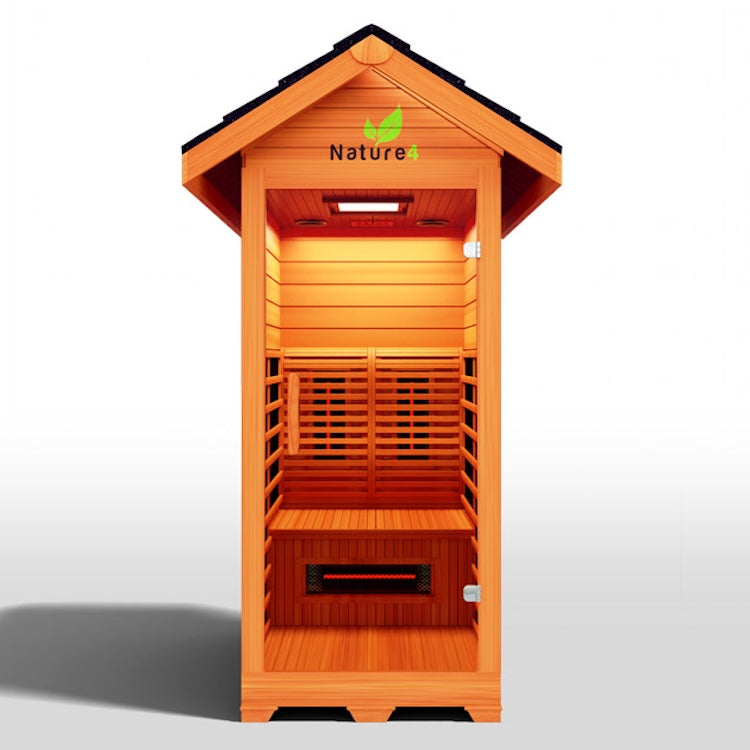 The Medical Saunas - Nature 4 Outdoor Infrared Sauna by Medical Saunas is a compact orange wooden full spectrum unit with a bench, slatted walls, heater for pain relief under the seat, pitched roof, and features the green leaf Nature4 logo.
