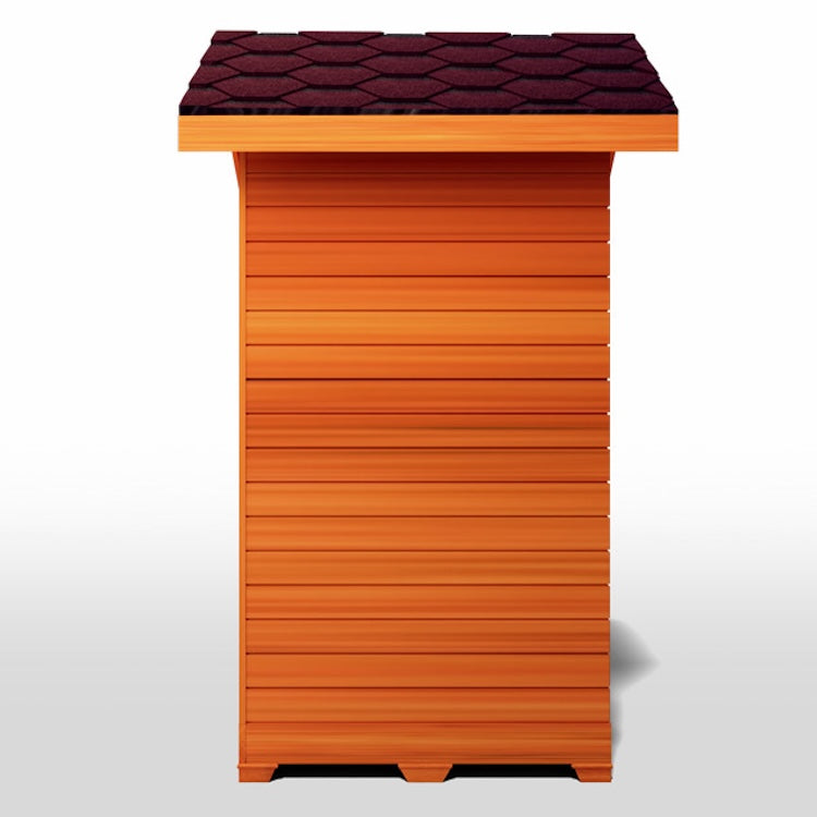 The Medical Saunas - Nature 4 Outdoor Infrared Sauna by Medical Saunas is a small, orange wooden sauna with horizontal slats and a dark brown shingled roof, shown against a plain white background.