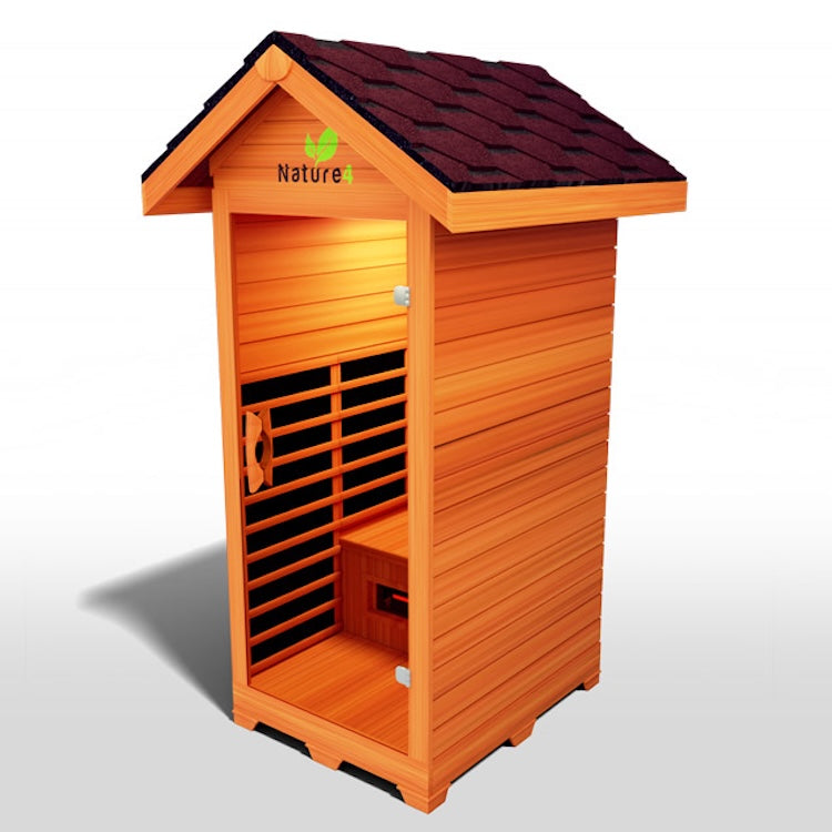 The Medical Saunas Nature 4 Outdoor Infrared Sauna by Medical Saunas features a compact wooden design, shingled roof, open front with slatted door, interior seat, and "Nature" leaf logo—ideal for soothing pain relief.
