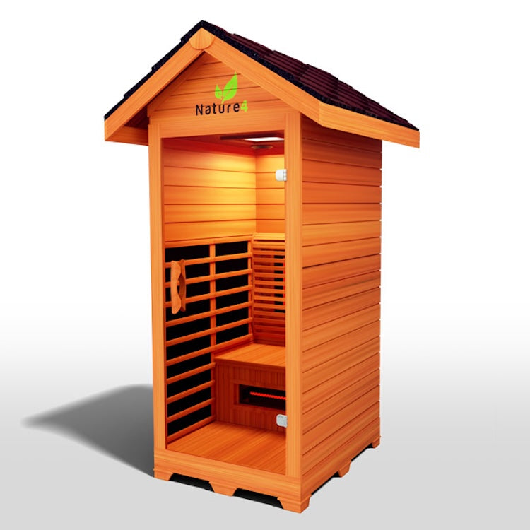 The Medical Saunas - Nature 4 Outdoor Infrared Sauna by Medical Saunas is a small wooden cabin with a slanted roof, open door, bench seating, and heater for pain relief. “Nature” with a leaf icon is above the entrance.