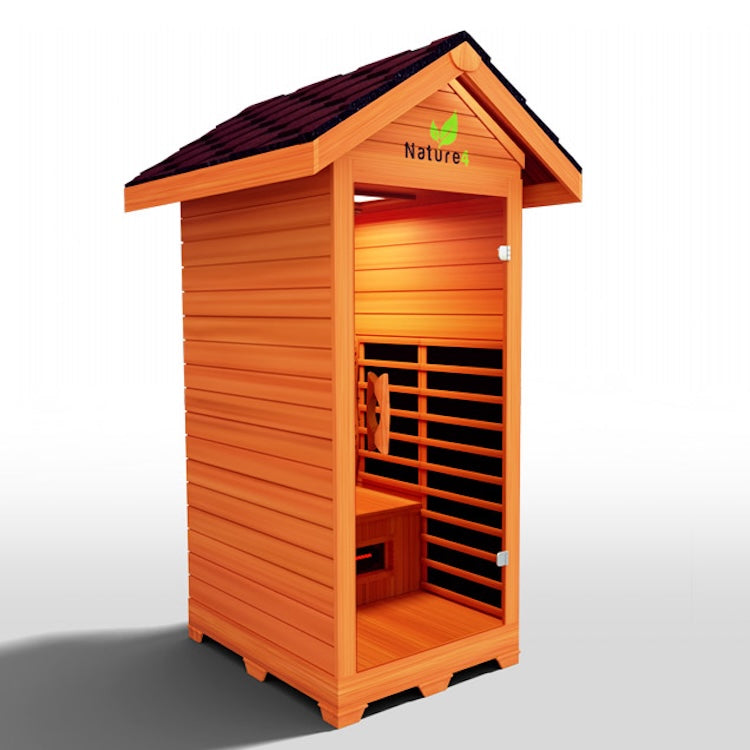 The Medical Saunas Nature 4 Outdoor Infrared Sauna by Medical Saunas features a sloped roof, slatted wooden interior, partially open door, and a "Nature" green leaf logo above the entrance—designed for pain relief and relaxation outdoors.