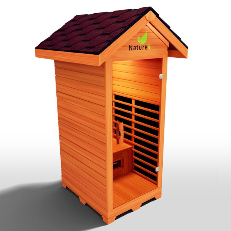The Medical Saunas Nature 4 Outdoor Infrared Sauna by Medical Saunas features a compact, orange wooden design with a slanted dark roof, open front, slatted side, and “Nature” plus a green leaf logo—ideal for outdoor relaxation and comfort.