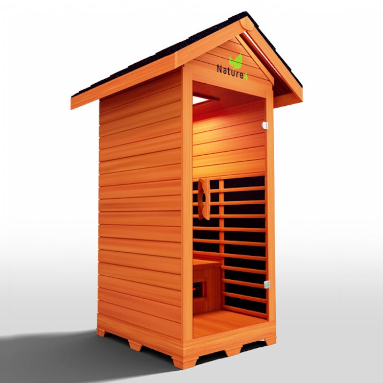 Relax in style with the Medical Saunas - Nature 4 Outdoor Infrared Sauna by Medical Saunas, featuring a wooden cabin with a slanted roof, open door, and interior bench. "Nature" and a leaf logo are displayed above the entrance for added elegance.