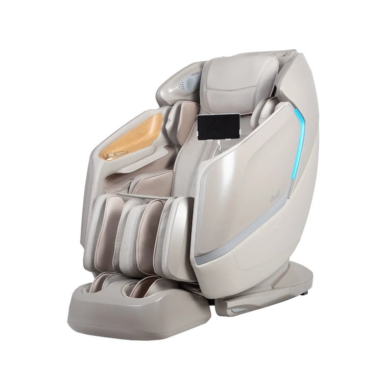 A modern beige Osaki 4D Orion Duo Mech Massage Chair with padded cushions, armrests, personalized massage features, foot and leg supports, built-in tablet holder, and blue LED side lighting, set against a plain white background.