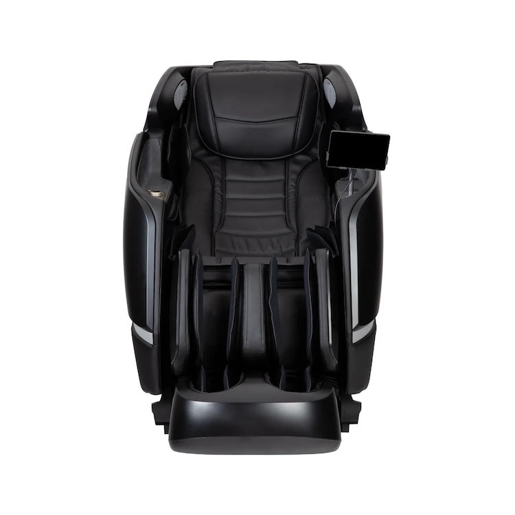 The Osaki 4D Orion Duo Mech Massage Chair by Osaki offers padded armrests, leg rests, and a touchscreen display for a personalized massage, all in a sleek black design photographed from above on a white background.