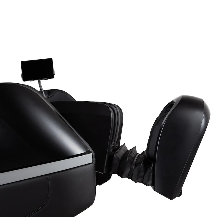 A close-up of the Osaki 4D Orion Duo Mech Massage Chair showcases its sleek design, built-in footrest, adjustable touchscreen display, ergonomic features, and customizable massage options.