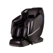 The Osaki 4D Orion Duo Mech Massage Chair by Osaki, in sleek black with a futuristic design, features padded armrests, leg rests, and a control panel for personalized massages, set against a plain white background.