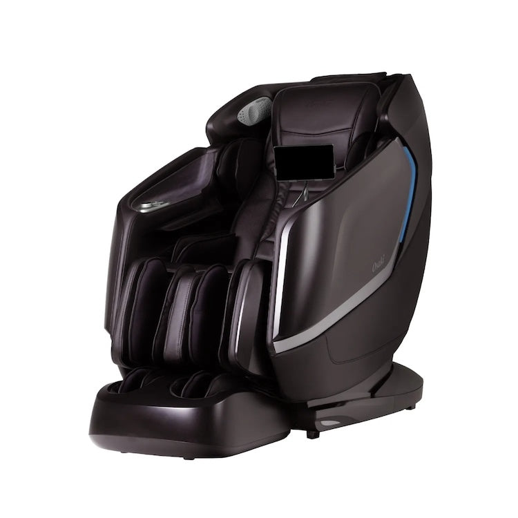 The Osaki 4D Orion Duo Mech Massage Chair by Osaki, in sleek black with a futuristic design, features padded armrests, leg rests, and a control panel for personalized massages, set against a plain white background.