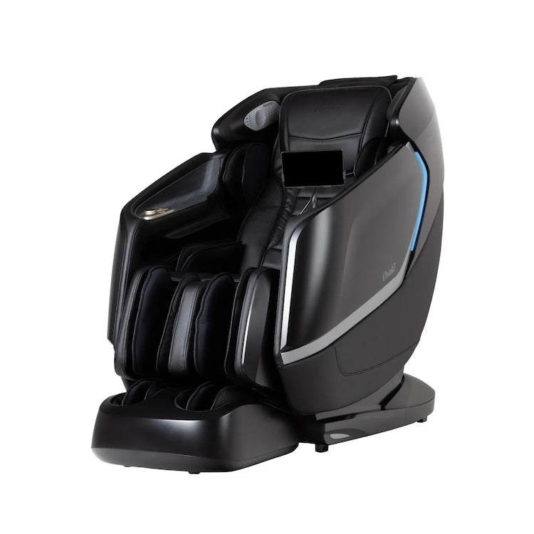 The Osaki 4D Orion Duo Mech Massage Chair by Osaki is a modern black AI chair with padded armrests, leg supports, side panels, and a built-in control screen for personalized massages, displayed against a white background.