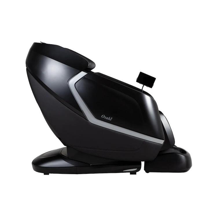 The Osaki 4D Orion Duo Mech Massage Chair, in sleek black with a modern design, is shown reclined against a white background, offering a personalized massage experience.