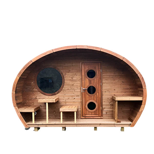 The SaunaLife Model G11 Outdoor 8 Person Sauna by SaunaLife features a barrel-shaped wooden cabin with a round window, a door with three circular windows, and built-in benches and tables—ideal as an outdoor sauna kit for relaxing at home.