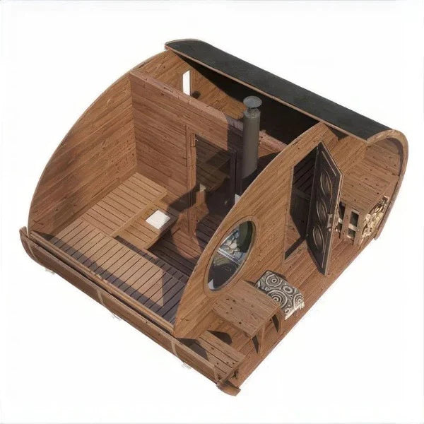 The SaunaLife Model G11 Outdoor 8 Person Sauna features a wooden barrel design, open roof view, wood stove, benches, table, door, rounded walls, window, and a cozy interior for relaxation.
