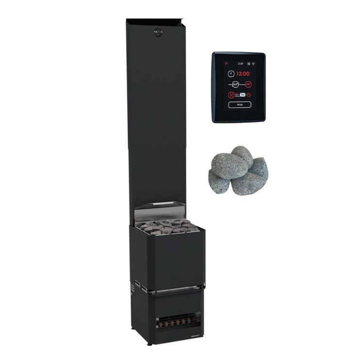 The Saunum AIR L 15 WiFi Sauna Heater Package by Saunum is a black electric sauna heater with a tall chimney, digital control panel, sauna stones, and built-in climate equalizer, all shown on a white background.