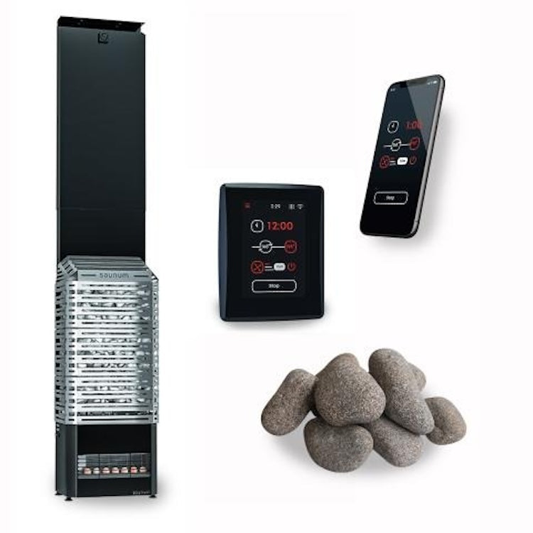 The Saunum AIR 7 WiFi Sauna Heater Package by Saunum is shown with a digital control panel, matching smartphone interface, and sauna stones against a white background, emphasizing its advanced air-blending system for precise temperature control.