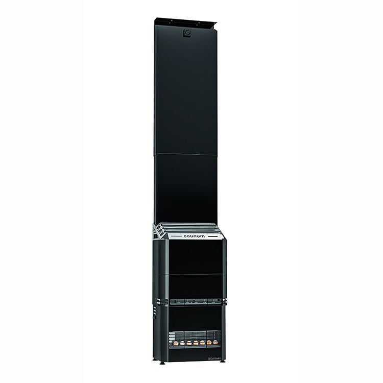 The Saunum AIR 7 WiFi Sauna Heater Package by Saunum is a tall, modern black heater with sleek vertical design, visible lower heating elements, and an advanced air blending system for optimal heat distribution.