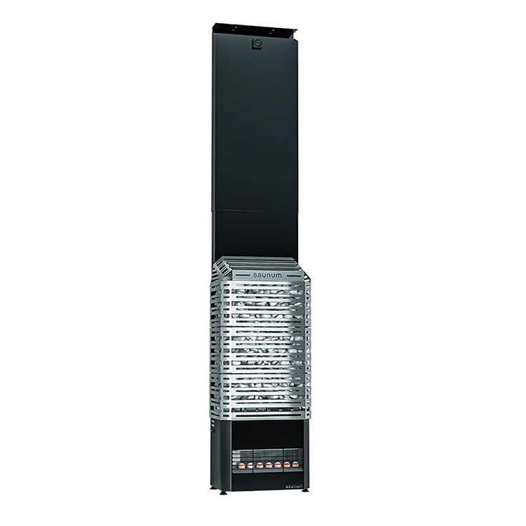 The Saunum Air 10 Sauna Heater by Saunum features a tall, modern design with an advanced air blending system and a black chimney-like body with a metallic grill for stones, shown against a white background.