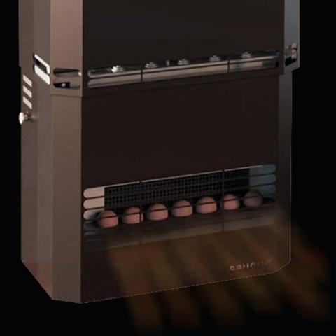 A black Saunum heater emits warm air from the lower vent, with glowing heating elements inside—a striking look against a dark background, perfect to pair with the Saunum Himalayan Salt Set.