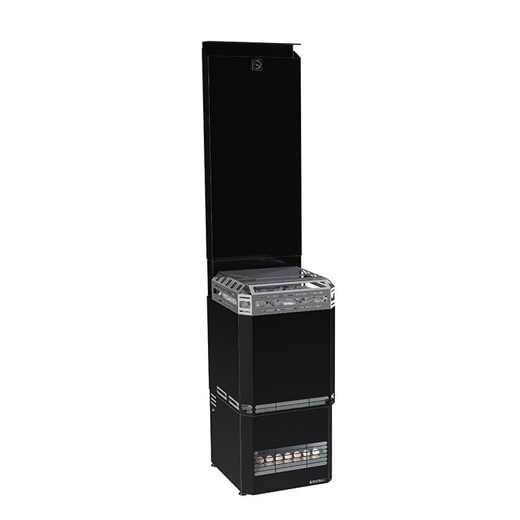 The Saunum AIR L 15 WiFi Sauna Heater Package by Saunum is a sleek, freestanding unit with an open glass lid revealing its heating elements, control knobs on the front, a lower storage compartment, and compatibility with any air blending system.