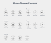Icons represent the 16 auto massage programs of the Osaki Flagship Duo Massage Chair, grouped by wellness, relax, revitalize, and escape—featuring advanced AI technology and a customizable 4D/3D massage system from Osaki.