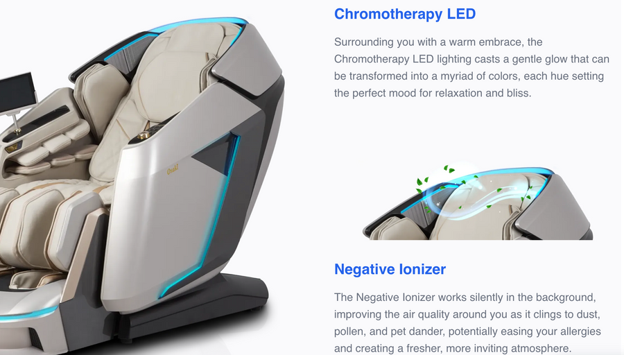The Osaki Grand Duo 4D+4D Massage Chair features beige cushions, blue LED lights, dual back massage, chromotherapy LEDs, an AI health sensor, and a negative ionizer for relaxation and improved air quality.