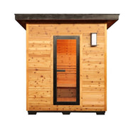 The SunRay Denali 4-Person Contemporary Outdoor Sauna by SunRay features light wood panels, dark trim, a rectangular glass door, and a small wall light for a modern look.