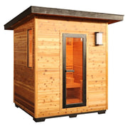 The SunRay Denali 4-Person Contemporary Outdoor Sauna by SunRay features a black frame, glass door, warm lighting with a wall-mounted entrance light, and is crafted from red cedar with a flat roof for a sleek modern look.
