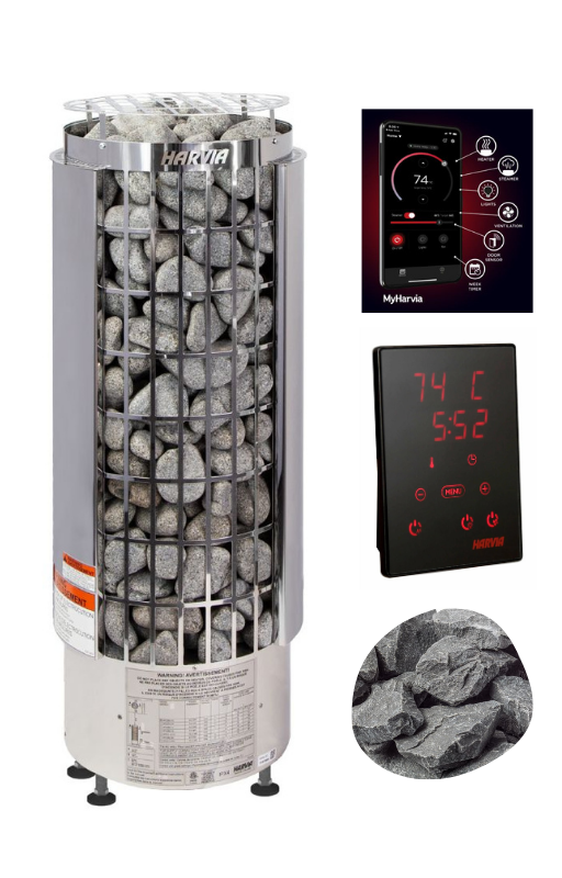 The Harvia Cilindro PC110E Sauna Heater Package by Harvia features a tall, cylindrical heater filled with sauna stones, includes an external controls package, a close-up of the stones, and a smartphone showing the control app interface.