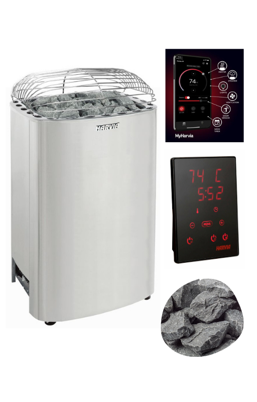 The Harvia Club K12.5G Electric Sauna Heater Package by Harvia features a stainless steel build, sauna stones, a digital control panel at 74°C and 5:52, MyHarvia app integration, and is ideal for home or commercial use.