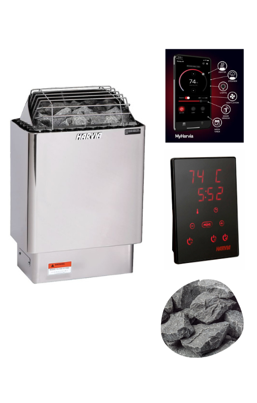 The Harvia KIP60W Electric Sauna Heater Package by Harvia features a shiny silver heater with sauna stones, external controls, an app interface, and a digital control panel showing 74°C and 5:52, plus a close-up of the sauna stones.