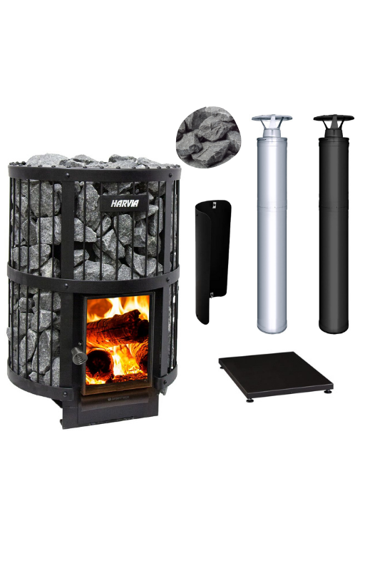 The Harvia Legend 240 GreenFlame Sauna Stove Package by Harvia features a metal-caged heater with visible flames and includes two cylindrical chimneys, a chimney cover, base plate, and sauna stones—ideal for your wood sauna stove setup.