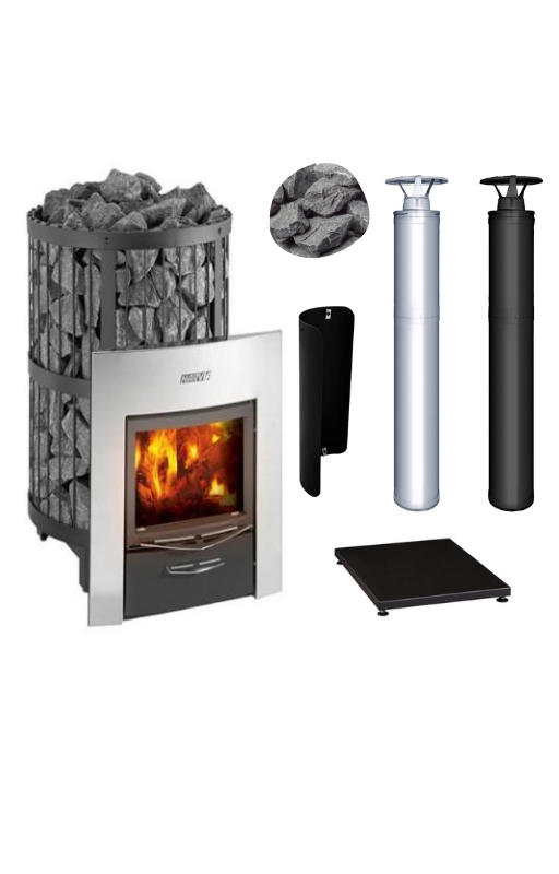 The Harvia Legend 240 Duo Wood Burning Sauna Stove Package by Harvia features a stone-filled metal cage, front glass door for flame view, two vertical chimney pipes, wall heat shield, and black floor base panel.