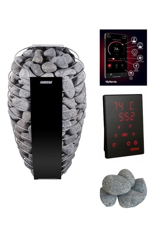 The Harvia Spirit SP60E Electric Sauna Heater Package by Harvia features a modern wall-mounted design, grey sauna stones, digital control panel at 74°C and 5:52, mobile app interface, and a close-up of its distinctive sauna stones.
