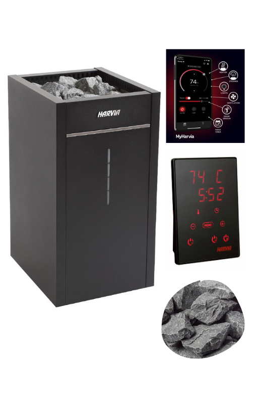 Harvia Virta Combi HL60SA Steamer & Electric Sauna Heater Package by Harvia, featuring a digital control panel at 74°C and 5:52, round sauna stones, and a smartphone app with temperature and steamer controls.