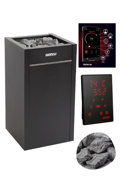 The Harvia Virta HL90E Electric Sauna Heater Package by Harvia features a black heater filled with gray stones, close-up of stones, a digital control panel showing 74°C and 5:52, plus an app for remote control—premium quality from Finland.