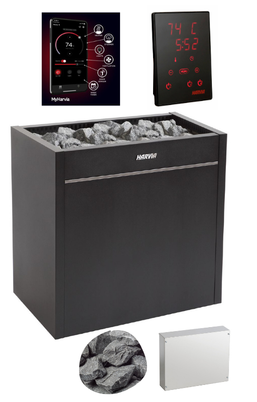 The Harvia Virta Pro HL160E Electric Sauna Heater Package by Harvia includes a black stone-filled heater, digital control panel, mobile app support, premium sauna stones, and a sleek silver control unit.