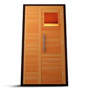 The Medical Saunas - 4 Traditional Sauna by Medical Saunas features a modern hemlock door with horizontal panels, a sleek vertical silver handle, and a small upper-right window in a dark frame—perfect for a stylish single-user sauna.