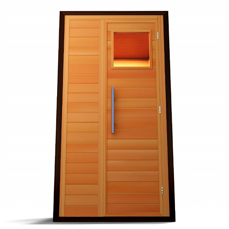 The Medical Saunas - 4 Traditional Sauna by Medical Saunas features a modern hemlock door with horizontal panels, a sleek vertical silver handle, and a small upper-right window in a dark frame—perfect for a stylish single-user sauna.