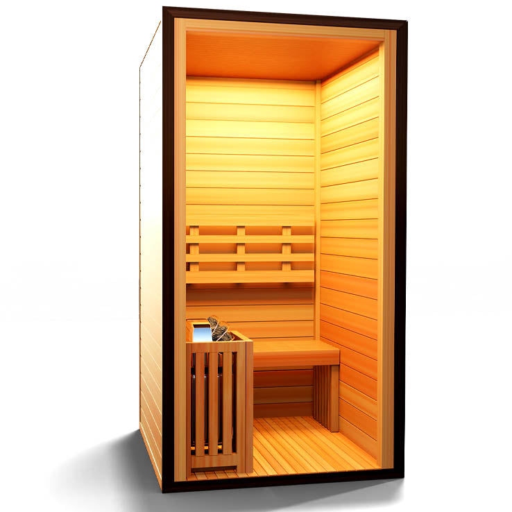 The Medical Saunas - 4 Traditional Sauna by Medical Saunas is a compact, single-person hemlock sauna featuring a bench, rock heater, warm lighting, and light wood panels for a relaxing experience.