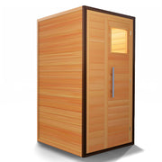 The Medical Saunas - 4 Traditional Sauna by Medical Saunas is a compact, rectangular hemlock cabin with vertical and horizontal wood paneling, a door with a rectangular window, and a modern metal handle, perfect for stylish relaxation for one.