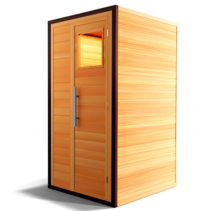 The Medical Saunas - 4 Traditional Sauna by Medical Saunas is a hemlock cabin for one, featuring a vertical door with window and sleek metallic handle, shown against a plain white background.